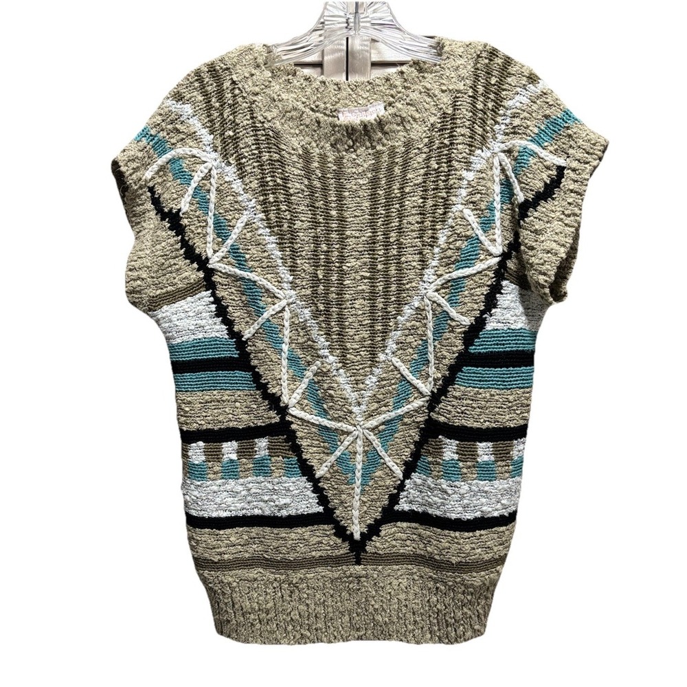 Beldoch Popper Chunky‎ Knit Embroidery Tan/ Blue Aztec Sleeveless Sweater Size L